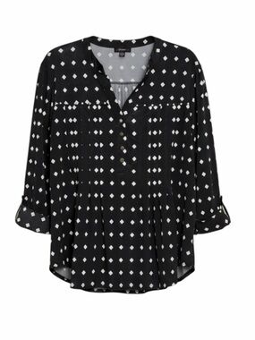 Cocomo Slinky Knit Blouse Tunic Top Shirt Roll Tab Geometric Black White XL